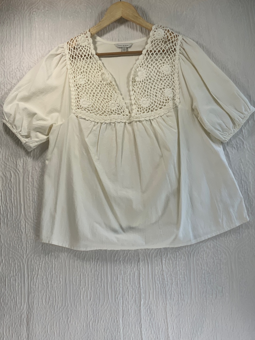 Lucky Brand Cream Crochet-Trim Peasant Blouse
